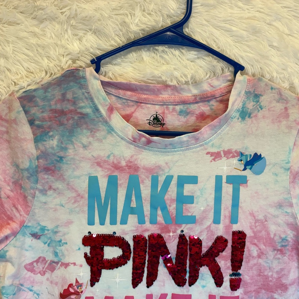 Disney Sleeping Beauty “Make It Pink Make It Blue” Sequin Tie Dye T-Shirt | M - Picture 9 of 16